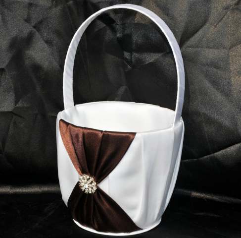 White Wedding Isle Flower Girl Petal Basket with Brown Ribbon & Diamante Ring Design